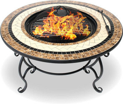 Homeology Topanga High-End Multi-Functional Garden Fire Pit, Brazier, Coffee Table, Bbq, Ice Bucket With Ceramic Tiles Coal/Cream