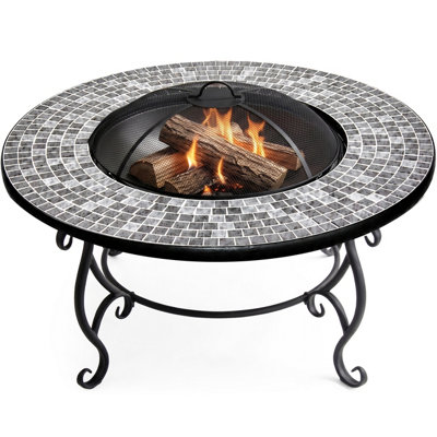Centurion Supports Fireology Ginessa Sumptuous Garden Fire Pit, Brazier, Table, Bbq And Ice Bucket With Mosaic Ceramic Tiles Coal/Grey