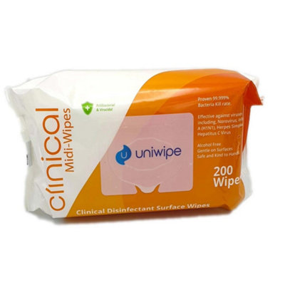 Uniwipe Clinical Anti Bac Virucidal Clean Disinfectant Surface Wipes X200 Pack