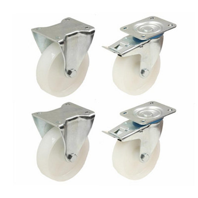 B&Q -  100mm 4" Inch Nylon Castors Heavy Duty Fixed & Braked Castors Set 150Kg EachS
