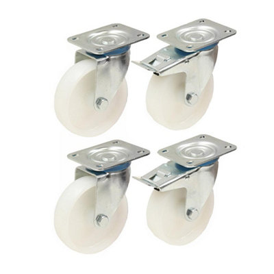 Parnells 125Mm 5" Inch Nylon Castors Heavy Duty Swivel & Braked Castors Set 170Kg Each White