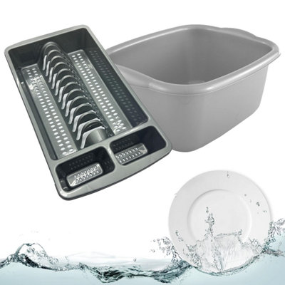 Pluto Packaging Rectangular Set Of Silver Washing Up Bowl & Dish Drainer Rack Kitchen Sink Plate Holder from B&Q