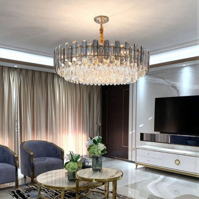 B&Q -  2616 80Cm Postmodern Crystal ChandelierSmoky + Clear K9 CrystalGold Metal18 E14 Bulbs
