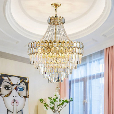 B&Q -  2220 Gold Postmodern Pendant ChandelierGenuine K9 CrystalMetal Body22 E14 Bulbs100Cm.