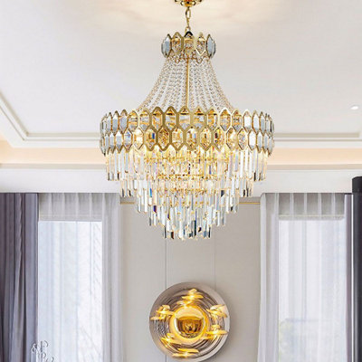 B&Q -  2220 Gold Postmodern Pendant Chandelier Genuine K9 Crystal Metal Body 11 E14 Bulbs 60Cm.