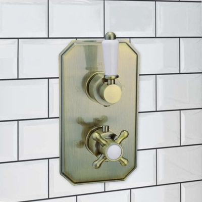 Enki Regent Antique Brass Modern Bathroom Concealed Thermostatic Wall Mounted Crosshead 2-Outlet Twin Valve Shower Mixer Unit from B&Q