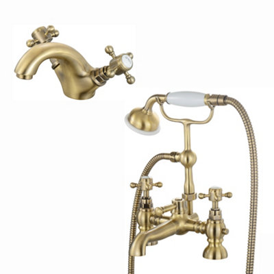 Enki Camberley Antique Brass Classic Bathroom Traditional Victorian Cross Handle Hot & Cold Water Basin Bath Shower Mixer Tap Pack from B&Q