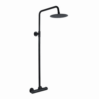 Enki Dune Matt Black Modern Bathroom Brass Steel Thermostatic Bar Mixer Valve Tap Rigid Riser Rail & Overhead Shower (Diam) 200mm from B&Q
