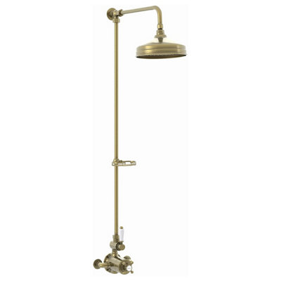 Enki Downton Antique Brass White Modern Traditional Bathroom Ceramic Thermostatic Twin Valve Mixer Tap & Shower Head (Diam) 200mm from B&Q