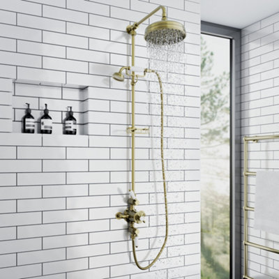 Enki Downton Antique Brass Traditional 2-Outlet Brass Thermostatic Shower Set 200mm from B&Q