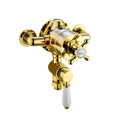 Enki Downton English Gold White Modern Bathroom Brass Ceramic Thermostatic Concentric Twin Valve Control Cross Handle Shower Mixer from B&Q