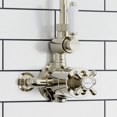Enki Downton English Gold White Modern Bathroom Brass Ceramic Thermostatic 2-Outlet Twin Valve Control Cross Handle Shower Mixer from B&Q