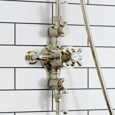 Enki Downton English Gold White Traditional Bathroom Brass Ceramic Thermostatic Concentric 2-Outlet Triple Valve Shower Mixer Unit from B&Q