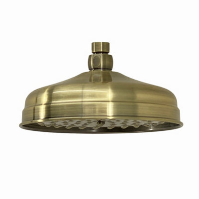 Enki Antique Brass Traditional Bathroom Easy Clean Anti-Limescale Jets Round Rainfall Power Shower Head Mixer Unit (Diam) 200mm from B&Q