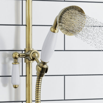 Enki Antique Brass White Traditional Victorian Bathroom Metal Porcelain Round Anti-Clog Nozzles Replacement Handheld Shower Head from B&Q