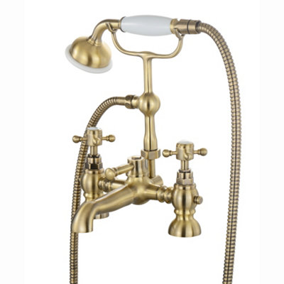 Enki Camberley Antique Brass Bath Shower Mixer Taps Traditional Victorian Cross Handle Solid Brass Easy Clean from B&Q