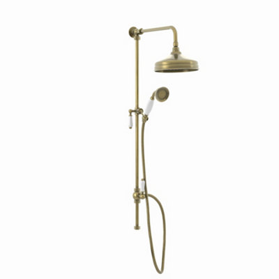 Enki Downton Antique Brass Modern Traditional Bathroom Rigid Riser Rail Kit W/ Watering Can Fixed Head & Handset (Diam) 200mm from B&Q