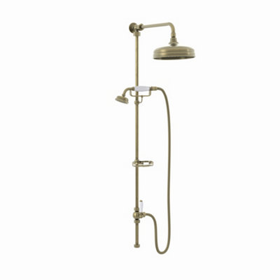 Enki Downton Antique Brass Traditional Bathroom Rigid Riser Rail Kit W/ Watering Can Fixed Head & Telephone Handset (Diam) 200mm from B&Q