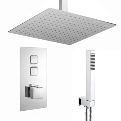 Enki Spello Chrome Modern Bathroom Brass Ceiling Mounted Concealed Push Button Thermostatic Shower Mixer Valve & Handset Kit from B&Q