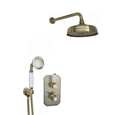 Enki Regent Antique Brass Classic Bathroom Wall Mounted Thermostatic Concealed Shower Mixer Valve Set W/ Fixed Head & Handset from B&Q