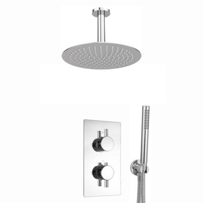 Enki Naples Chrome Contemporary Round Concealed Thermostatic Shower Set W/ Twin Valve Ceiling Fixed 8" Shower Head Handshower Kit from B&Q