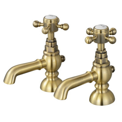 Enki Camberley Antique Brass Classic Bathroom Traditional Victorian Cross Handle Hot & Cold Water Tall Pillar Basin Mixer Taps from B&Q