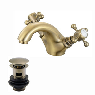 Enki Camberley Antique Brass Classic Bathroom Traditional Victorian Cross Handle Slotted Hot & Cold Basin Mixer Tap & Waste Trap from B&Q