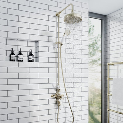 Enki Downton Gold Traditional Bathroom Brass Ceramic Thermostatic 2-Outlet Mixer Round Shower Head & Riser Rail Kit from B&Q