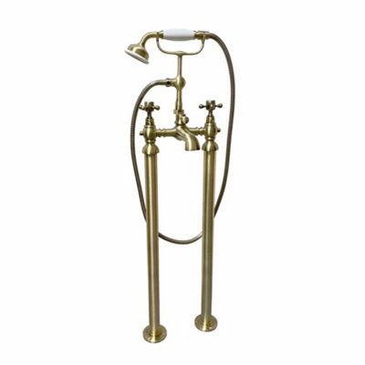 Enki Camberley Antique Brass Classic Bathroom Traditional Victorian Cross Handle Hot & Cold Floorstanding Bath Shower Mixer Tap from B&Q