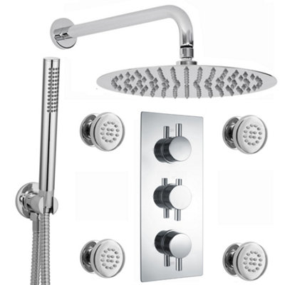Enki Naples Chrome Bathroom Solid Brass Wall Mounted Concealed Thermostatic Shower Mixer Valve W/ Fixed Head Body Jets & Handset from B&Q
