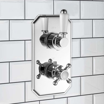 Enki Regent Chrome White Modern Bathroom Brass Ceramic Thermostatic Wall Mounted Crosshead Single Outlet Twin Valve Shower Mixer from B&Q