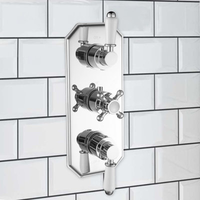 Enki Regent Chrome White Modern Bathroom Brass Ceramic Thermostatic Wall Mounted Crosshead 2-Outlet Triple Valve Shower Mixer Unit from B&Q
