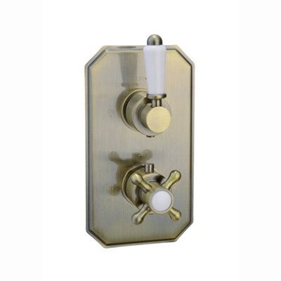 Enki Regent Antique Brass Modern Bathroom Concealed Thermostatic Wall Mounted Crosshead Single Outlet Twin Valve Shower Mixer Unit from B&Q