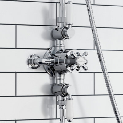 Enki Downton Chrome White Traditional Bathroom Brass Ceramic Thermostatic Concentric 2-Outlet Triple Valve Crosshead Shower Mixer from B&Q