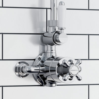 Enki Downton Chrome White Modern Bathroom Brass Ceramic Thermostatic 2-Outlet Twin Valve Control Cross Handle Shower Mixer Unit from B&Q
