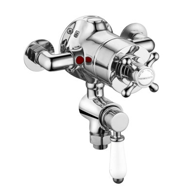 Enki Downton Chrome White Modern Bathroom Brass Ceramic Thermostatic Concentric Twin Valve Control Cross Handle Shower Mixer Unit from B&Q
