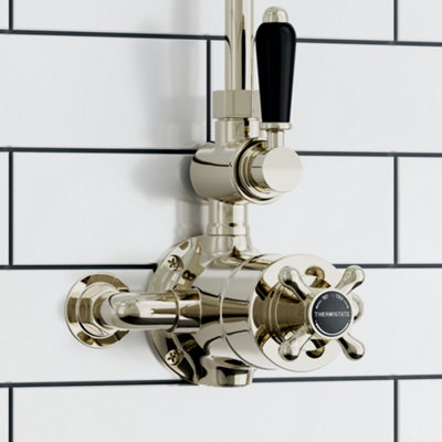 Enki Downton English Gold Black Modern Bathroom Brass Ceramic Thermostatic 2-Outlet Twin Valve Control Cross Handle Shower Mixer from B&Q