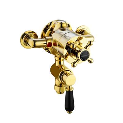 Enki Downton English Gold Black Modern Bathroom Brass Ceramic Thermostatic Concentric Twin Valve Control Cross Handle Shower Mixer from B&Q