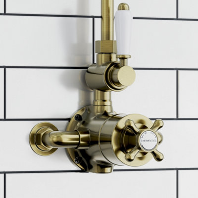 Enki Downton Antique Brass White Traditional Bathroom Ceramic Thermostatic 2-Outlet Twin Valve Control Cross Handle Shower Mixer from B&Q