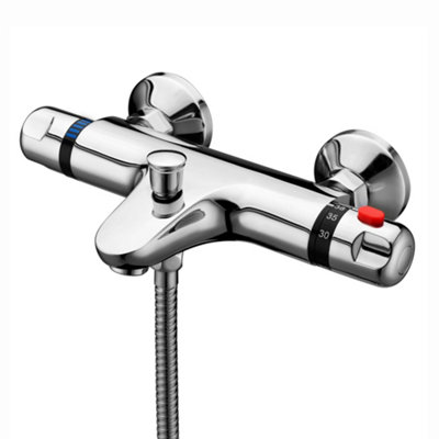 B&Q -  Luna Chrome Modern Bathroom Solid Brass Thermostatic Wall Mounted Separate Flow Integrated Diverter Bath Shower Mixer Tap