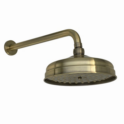 Enki Antique Brass Traditional Bathroom Wall Mounted Swivel Ball Joint Connector Round Power Fixed Shower Head Mixer & Arm 200mm from B&Q