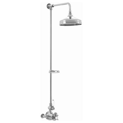 Enki Downton Chrome Silver White Traditional Bathroom Brass Ceramic Thermostatic Twin Valve Mixer Tap & Shower Head (Diam) 200mm from B&Q