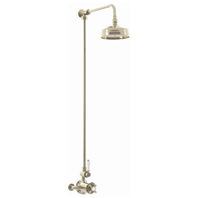 Enki Downton English Gold White Traditional Bathroom Brass Ceramic Thermostatic Twin Valve Mixer Tap & Shower Head (Diam) 150mm from B&Q