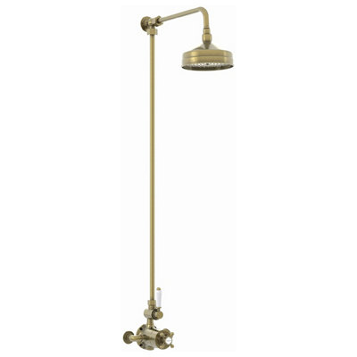 Enki Downton Antique Brass White Modern Traditional Bathroom Ceramic Thermostatic Twin Valve Mixer Tap & Shower Head (Diam) 150mm from B&Q