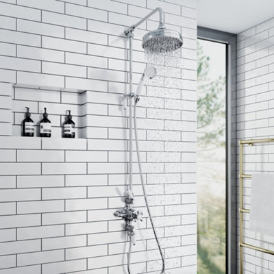 Enki Downton Chrome White Modern Bathroom Brass Ceramic Thermostatic 2-Outlet Triple Valve Round Shower Handset & Riser Rail Kit from B&Q