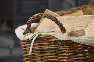  - Vintage Decor Large Round Brown Rustic Wicker Fireside Log Basket With Removable Washable Cotton Liner & TiesStylish Storage