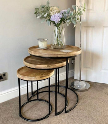  - Elm Home And Garden Round Nest Of Three 3 Tables End Lamp Light Solid Mango Wood Black Metal Frame 57Cm H X 54Cm W X 54Cm D