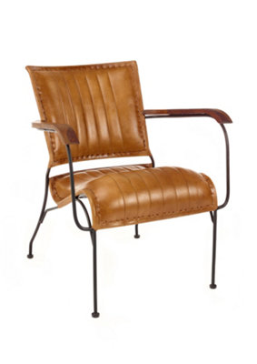 B&Q -  Brown Tan Genuine Leather Metal Arm Accent Chair H85 X W75 X D75Cm