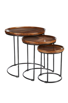 - Elm Home And Garden Round Nest Of Three 3 Tables End Lamp Dark Solid Mango Wood Black Metal Frame 57Cm H X 54Cm W X 54Cm D