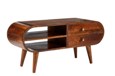  - Elm Home And Garden Solid Mango Wood Oval Tv Media Unit Dark Oak Finish 45Cm High X 90Cm Wide X 35Cm Deep